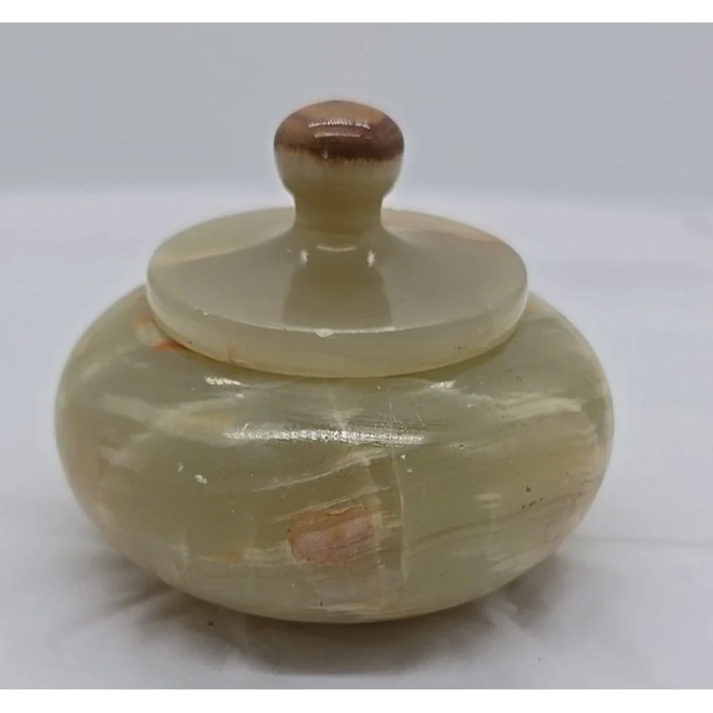Vintage Hand Carved Green Onyx Stone Round Lidded Trinket Box Jewelry Box Home
